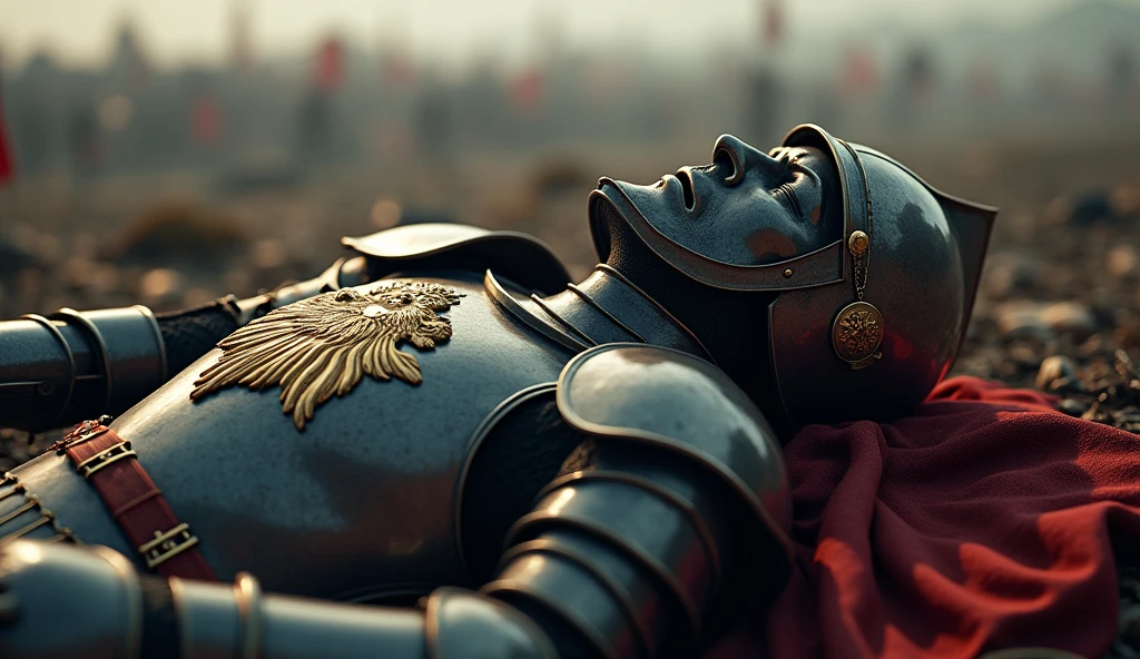 "A highly realistic, high-contrast, 8K HD, detailed, hyper-detailed image of the Lion-emblazoned General lying dead on the battlefield. The scene focuses on the General wearing his full steel armor with a prominent lion emblem on his chest and his distinct helmet, fully covering his face. The surroundings reflect the aftermath of an intense battle, with a somber atmosphere. The dramatic lighting highlights the fallen General's armor and the iconic lion emblem, ensuring the scene is both tragic and heroic. The environment captures the chaos and sacrifice of war, with the Lion-emblazoned General as the central figure in this somber moment. Unreal Engine rendering, showcasing the finality of his demise on the battlefield, with the helmet intact, covering his face