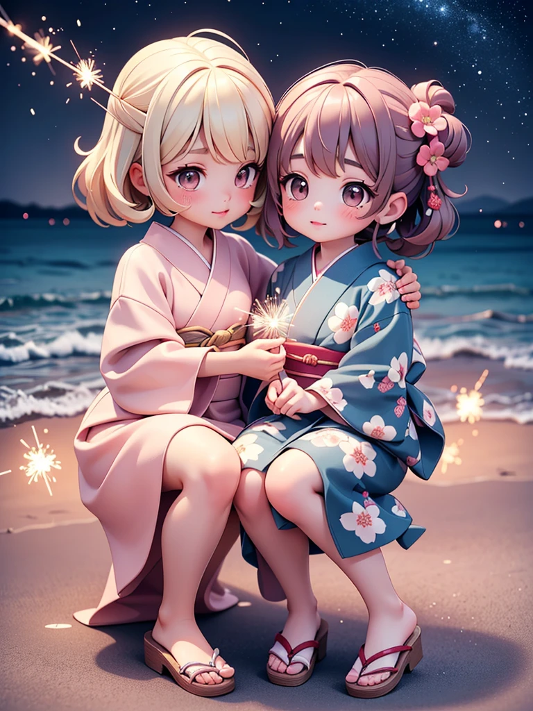 ((petite cute 2girls)), ((cute face)), ((puffy eyes)), ((masterpiece)), ((best quality)), ((ultra detailed)), ((exquisite)), ((depth)), ((crisp)), ((8k)), ((beautiful and aesthetic)), ((super detailed skin)), ((high standard)), ((highres)), (perfect anatomy), (blush), (lipstick), (full body), (nostalgic scenery), (sandy beach, night), (emotional), (yukata), (japanese sparklers), (squat)
