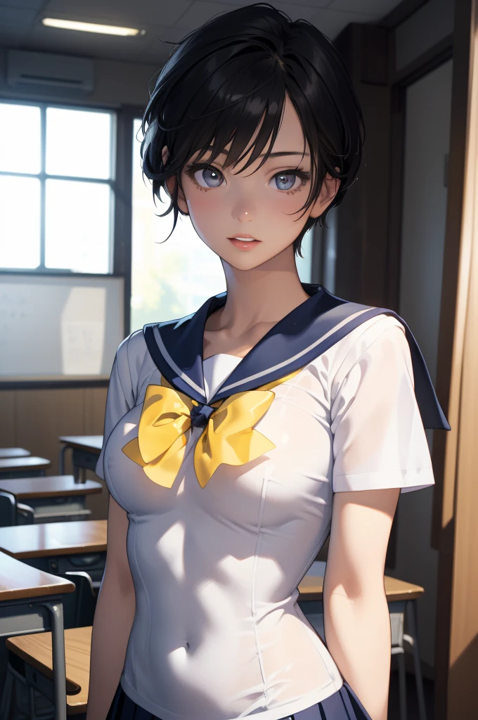 Upper body portrait、Bust、(masterpiece:1.3、Highest quality)、Ultra-high resolution、Super detailed、(Real、Photorealistic:1.4)、Beautiful illustrations、Perfect lighting、Highly detailed face、Detailed and beautiful eyes、独奏、high school girl、Beautiful breasts、(high school girl、A sailor uniform with a short length、Short summer clothes、Yellow ribbon on chest)、(Black Hair、Short Hair)、Dark Eyes、classroom