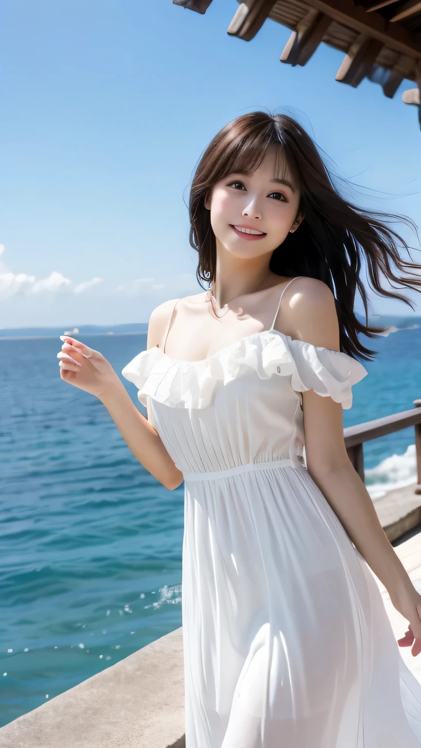 Woman in white dress、Bewitching pose、bright、Ocean、Japanese