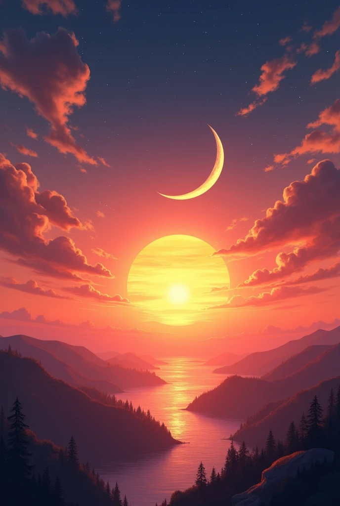 A sunset with the moon and the sun together 
