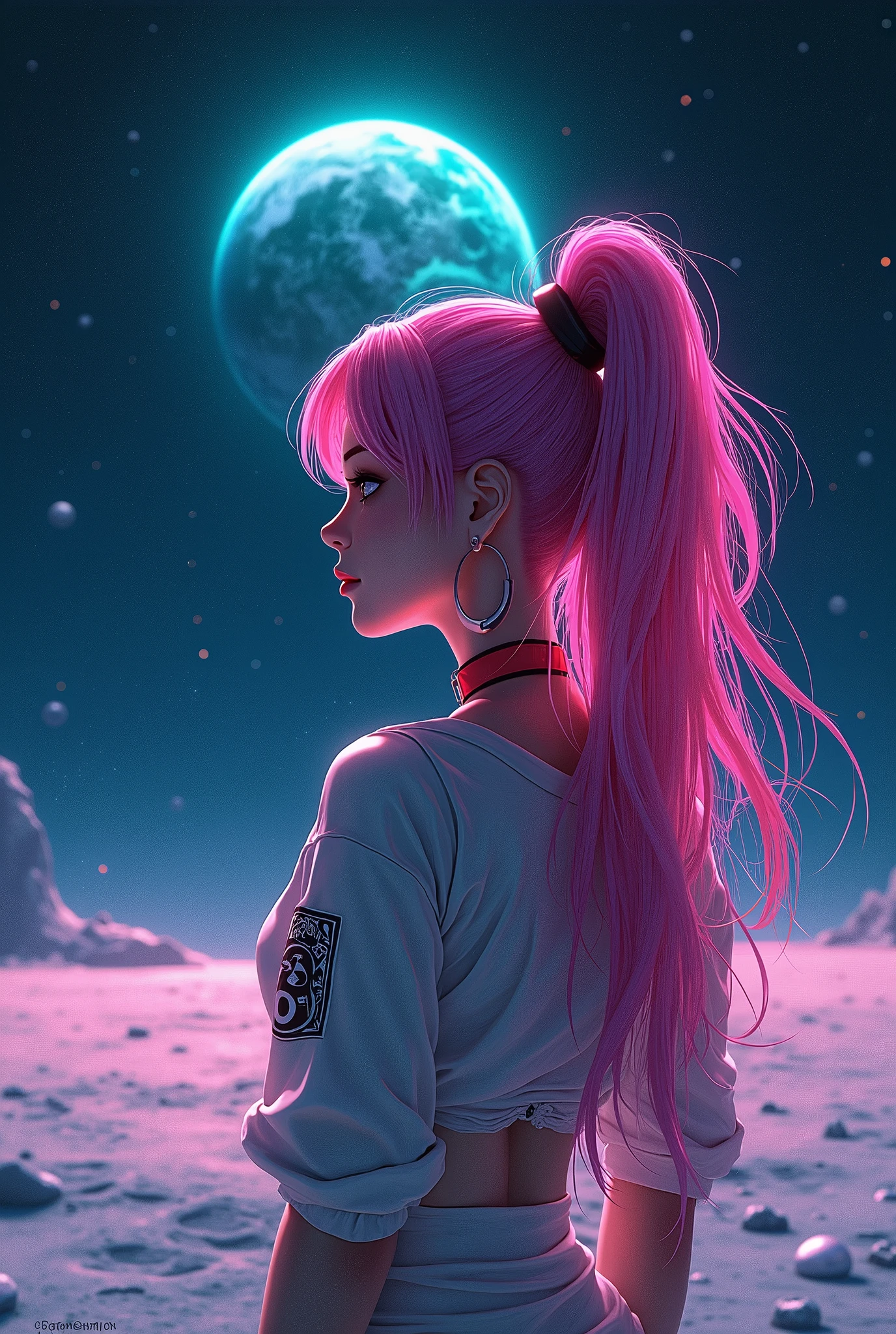 I want to create a 2D character, a beautiful woman similar to lucy from cyberpunk anime, in the moon's environment overlooking the earth