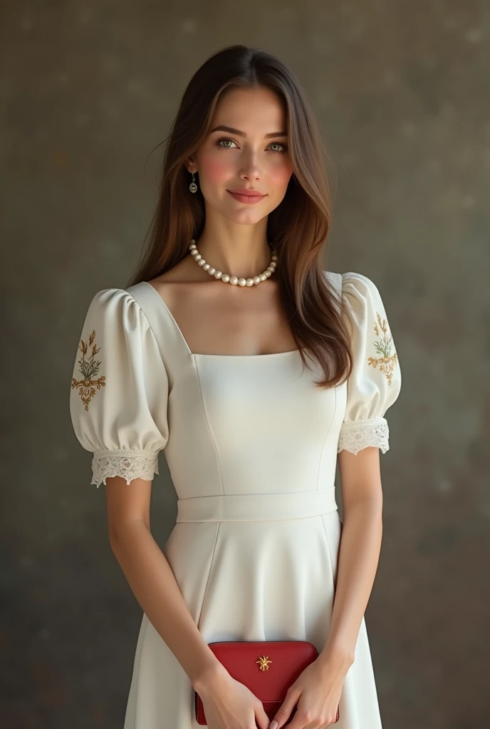 A woman from the Evangelical church wearing a white dress with short puffed sleeves, no neckline, and floral details on the sleeves. She is wearing a white pearl necklace, has long, straight brown hair, greenish-caramel eyes, fair skin, and a noble and elegant gaze. She is holding a red purse, with no adornments in her hair, just the pearl necklace and the purse.”