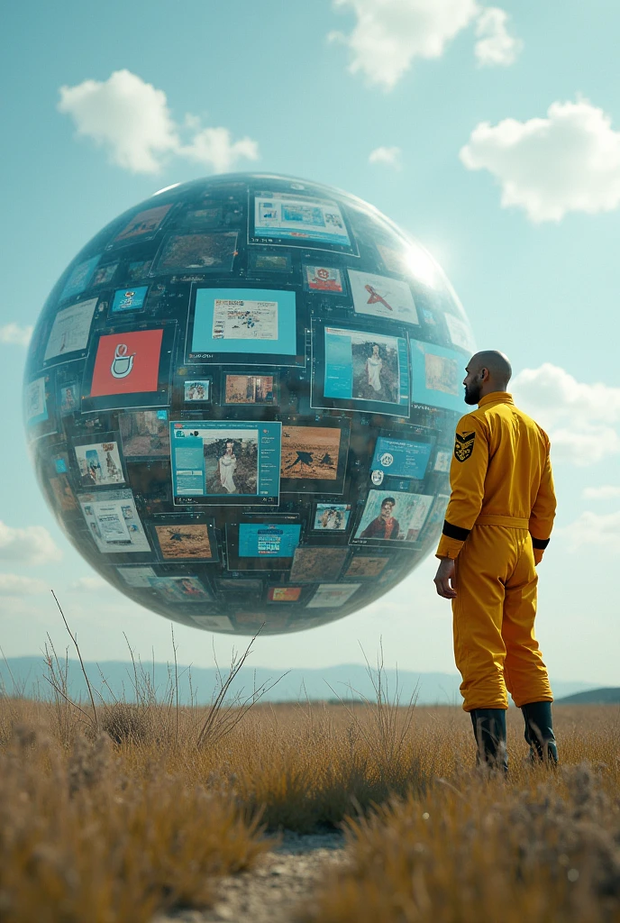 floating transparent sphere full of technological screens each with different images and social networks , and a bald beardless man dressed in modern military yellow jumpsuit with coat of arms on the shoulder sleeve, from the side and outside of this sphere looking at it in an open setting
