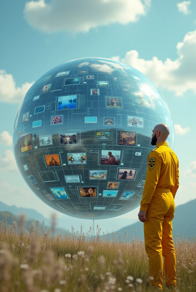 floating transparent sphere full of technological screens each with different images and social networks , and a bald beardless man dressed in modern military yellow jumpsuit with coat of arms on the shoulder sleeve, from the side and outside of this sphere looking at it in an open setting