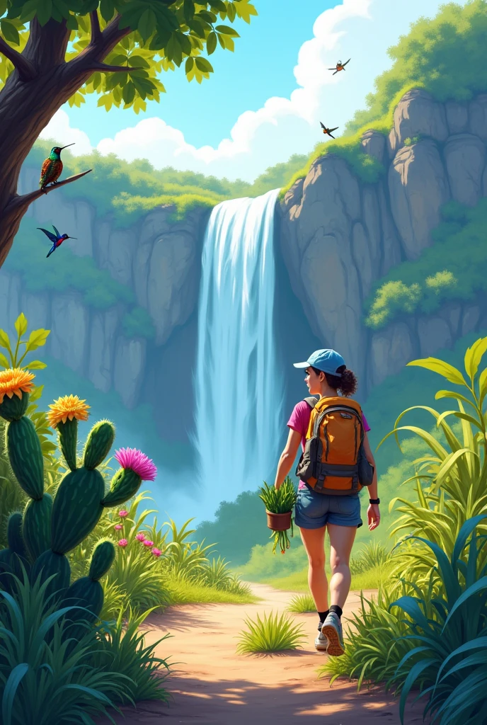 Man walking in hiking clothes left below holds a cactus with flowers and starts a royal path from left quadrant below to right quadrant above, where the road ends at a waterfall. In the upper left quadrant there is a tree with hummingbirds flying and perched. In the lower right quadrant is the logo of a walking company called Mot Mot