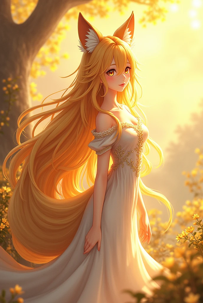 Create a anime style landscape image. golden nine-tailed fox girl, (Bright golden hair), ((Big hair)), double eyelid, Perfect figure, lovely face, Perfect Skin, Golden Eyes, princess of spirits, golden age