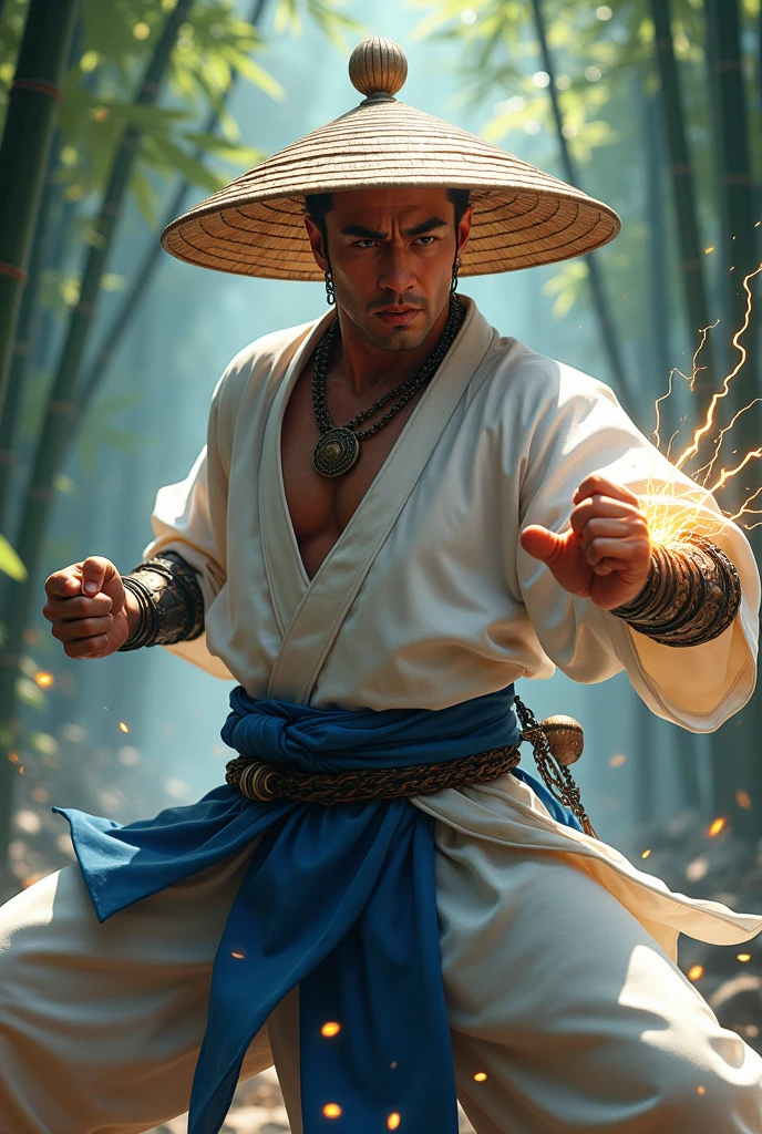 ((masterpiece)), ((best quality)), (ultra-detailed), absurdres, extremely detailed CG unity 8k wallpaper, Official Art, Accurate describe shapes, beautiful face, detailed hands, expressive eyes, upper body, looking at viewer, solo, (realistic), close-up, (standing, fighting stance, casting spell, thunder spell, serious:1.2), (bamboo forest, dramatic light, thunder surrounds, thunder chain, scenery, illustration:1.1), (1boy, mature male, muscular male, glowing eyes:1.4), (big brown metallic straw hat, jingasa, amulet, beads, fingerless gloves, blue sash, arm guards, white T shirt, white pants, long sleeves, blue vestments:1.3), ((masterpiece)), absurdres, HDR, raiden (mortal kombat),