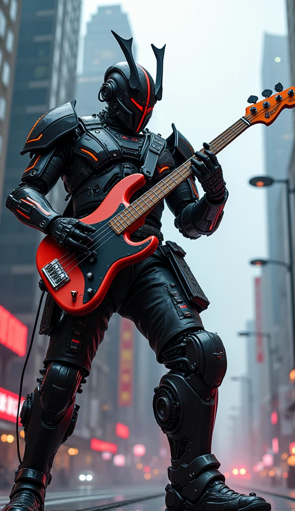 Bushido Samurai robot from movie transformer playing guitar bass electric on stage,, ((cyberpunk style)), Hi-Tech city, mechanical enhancement, (high-tech fantasy), robotics, blade runner 2049
