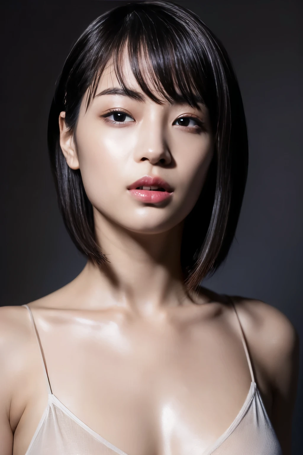 (masterpiece:1.2), super detailed, ultra high resolution, (realistic, photo realistic:1.37), High-definition RAW color photos, professional photos, dramatic lighting, sharp focus:1.2, (Highly detailed face and skin texture, very fine eyes, shiny skin, glowing skin, glowing skin, shining face, luster, oily skin, oily face, oily skin, oily face, Strong gloss), perfect anatomy, highly detailed background, 1 female, 30 year old woman, Japanese woman, (scrawny:1.4), (flat chest:1.3),poster, volume lighting, in the dark, deep shadow, discreet key,close up, (((narrow your eyes:1.5、ahegao:1.5, parted lips))), (official attire:1.4), sexy、nsfw, straight bob hair、beautiful hair、brown hair、fascinating face