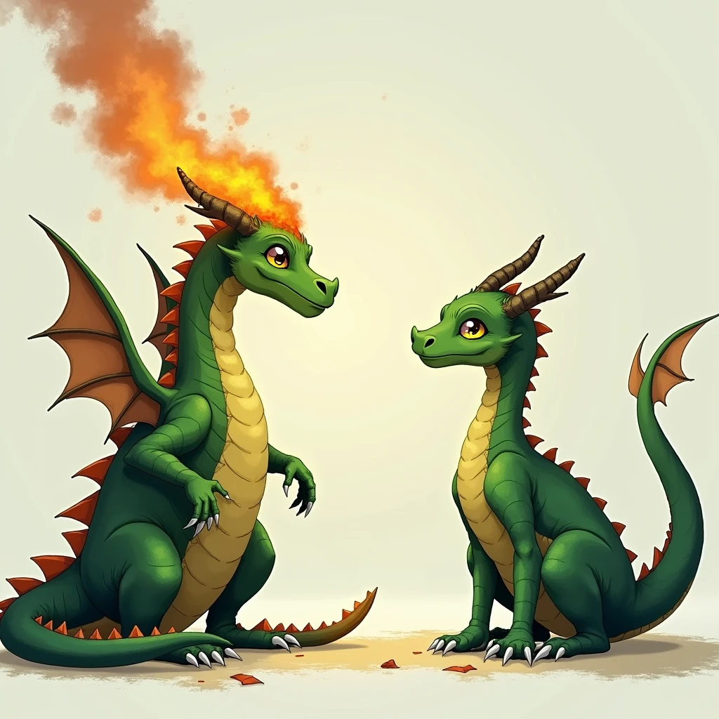Two green dragons, each facing away from each other. The "DRAGON" on the left is cheerful and breathing fire, while the "DRAGOFF" on the right looks tired and uninterested, sitting down. The contrast highlights different moods or energy levels.