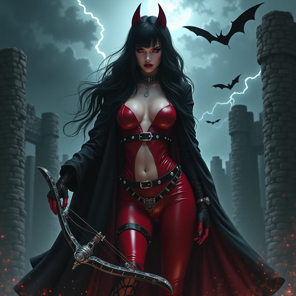 A full-length portrait of the captivating and ferocious Vampirella., legendary vampire hunter. She stands tall, wrapped in thick cloth, Sexy Red Leather Cutout Bodysuit, that hugs her every curve, decorated with gothic accents and silver buckles. Its long, flowing black hair cascades down her back, while her scarlet eyes sparkle with deadly determination. In her hands, She owns a crossbow, inlaid with silver, its bolts sparkle in the moonlight. In the background is a stormy night sky with flashes of lightning, illuminating the dark ruins of the ancient castle.. Bats are circling around her, emphasizing the creepiness, Supernatural atmosphere.