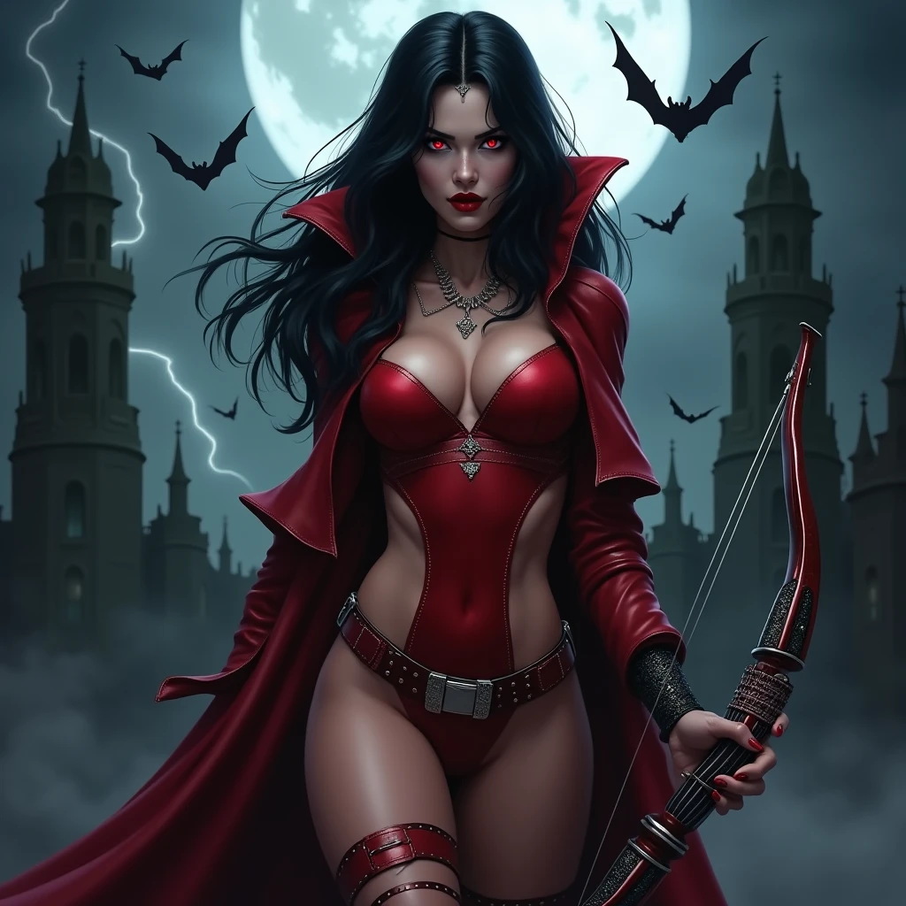 A full-length portrait of the captivating and ferocious Vampirella., legendary vampire hunter. She stands tall, wrapped in thick cloth, Sexy Red Leather Cutout Bodysuit, that hugs her every curve, decorated with gothic accents and silver buckles. Its long, flowing black hair cascades down her back, while her scarlet eyes sparkle with deadly determination. In her hands, She owns a crossbow, inlaid with silver, its bolts sparkle in the moonlight. In the background is a stormy night sky with flashes of lightning, illuminating the dark ruins of the ancient castle.. Bats are circling around her, emphasizing the creepiness, Supernatural atmosphere.