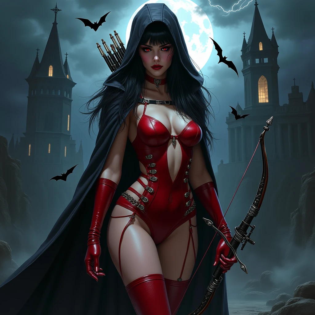 A full-length portrait of the captivating and ferocious Vampirella., legendary vampire hunter. She stands tall, wrapped in thick cloth, Sexy Red Leather Cutout Bodysuit, that hugs her every curve, decorated with gothic accents and silver buckles. Its long, flowing black hair cascades down her back, while her scarlet eyes sparkle with deadly determination. In her hands, She owns a crossbow, inlaid with silver, its bolts sparkle in the moonlight. In the background is a stormy night sky with flashes of lightning, illuminating the dark ruins of the ancient castle.. Bats are circling around her, emphasizing the creepiness, Supernatural atmosphere.