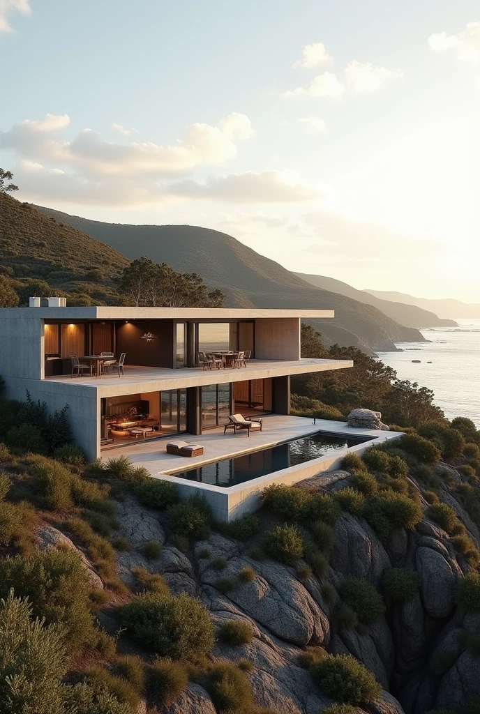 large luxury concrete house in a rural Australian coastal city, close to mining towns, cyclone-proof, ultrarealistic, soft lighting, 8k