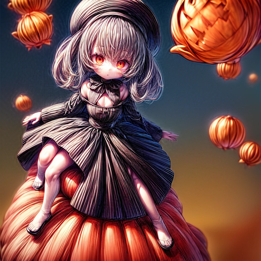 1girl,(((Perfect ???????、Perfect human body、Highest quality、Masterpiece、Super detailed、X Composition、S composition、Square Composition、Triangular composition、Award-winning works)))、Orange and black palette、Trick or Treat、Pumpkin carriage、Big Wizard Hat、Black Cape、Black dress、