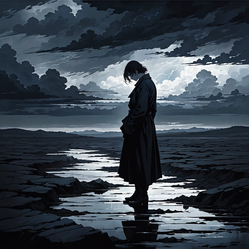 A haunting and emotional image that complements the dark and somber lyrics provided. The scene shows a solitary figure standing in the midst of a stormy, desolate landscape, surrounded by creeping shadows. The figure appears to be lost and broken, with their head bowed down and their body language expressing deep sorrow. The background features dark, stormy clouds, distant thunder, and a sense of isolation. The color palette is dominated by dark tones such as black, gray, and deep blues, with subtle highlights to emphasize the figure's loneliness and despair