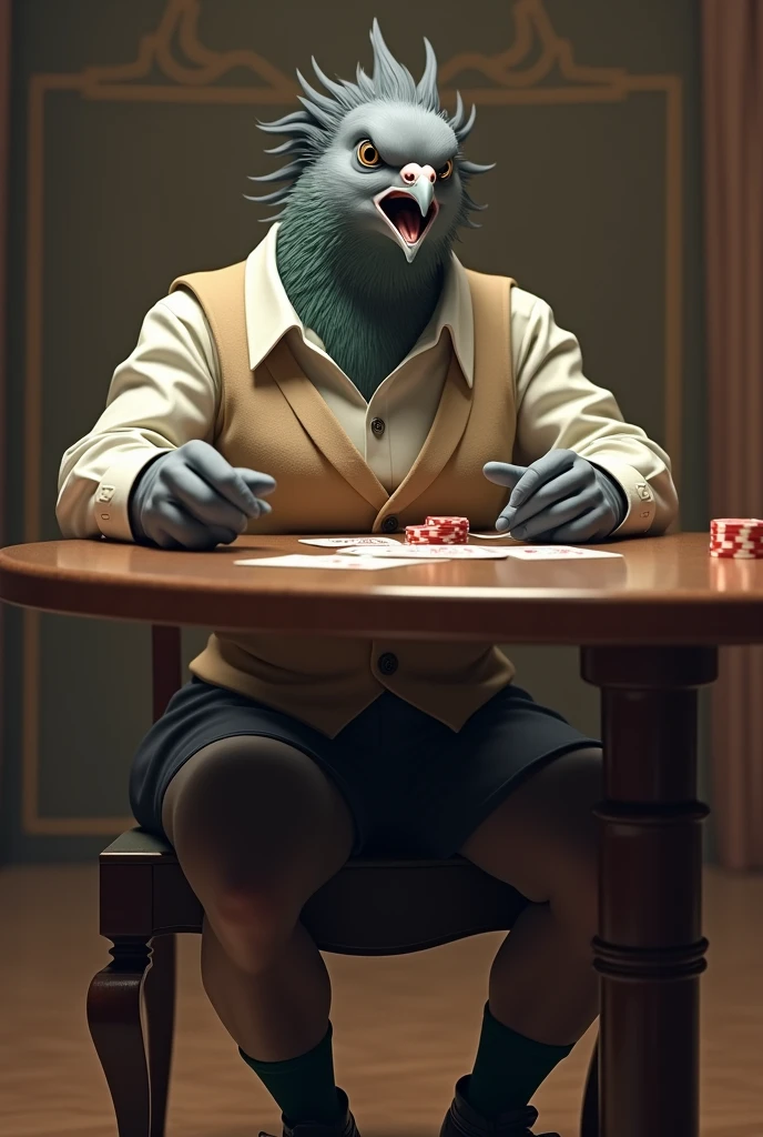 ((Highest quality)), ((masterpiece)), (detailed), (front), A gray female pigeon with an angry expression and open mouth is wearing an off-white collared short-sleeved shirt, a light brown vest, a knee-length black skirt, dark green socks and black shoes.、He is playing cards at the table and pointing at me、Muscular grey female pigeon、Photorealistic images。