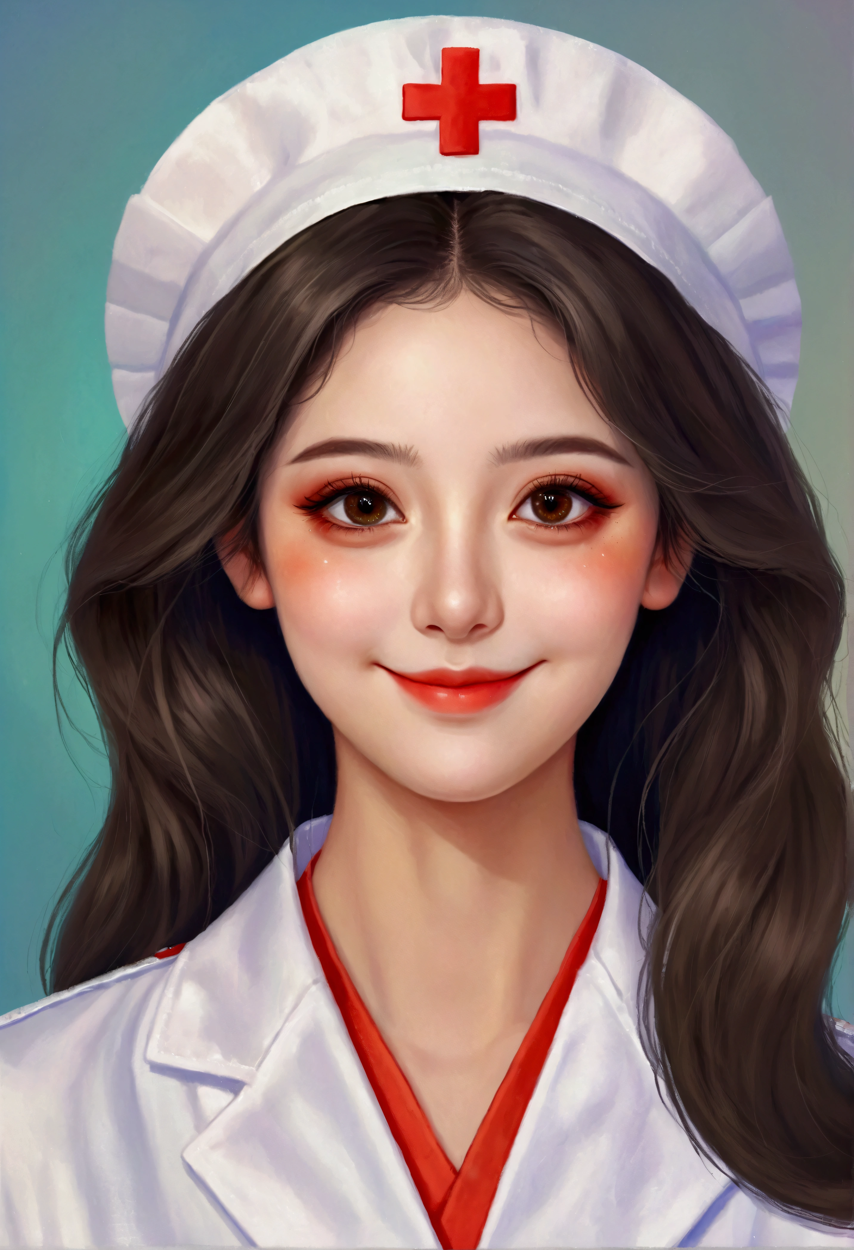 Digital Art Girl Portrait,Smile,solitary,symmetry,Gradient hair,Colorful big eyes,Fashionable and exquisite facial features,Exquisite makeup,Nurse uniform,Clean and simple background