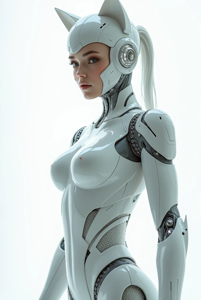 a close up of a woman in a futuristic suit posing, gynoid cyborg body, biomechanical oppai, oppai cyberpunk, girl in mecha cyber armor, beutiful white girl cyborg, in white futuristic armor, cybersuit, gynoid body, perfect anime cyborg woman, perfect android girl, beutiful girl cyborg, fully robotic!! catgirl