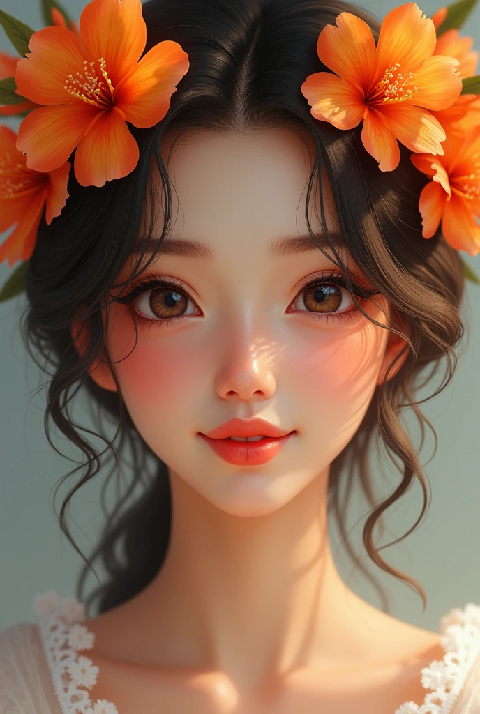 A 20-year-old white woman with dark, lively eyes and a red, smiling mouth had a slightly aquiline shape to her nose and orange blossom flowers on her head.