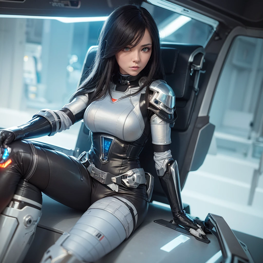 there is a woman in a futuristic costume sitting in a vehicle, cyberpunk art inspired by Vincent Lefevre, cgsociety contest winner, fantasy art, wlop and krenz cushart, octane cgsociety, wlop. scifi, girl in mecha cyber armor, wojtek fus, cgsociety 9, cinematic cgsociety, octane trending on cgsociety