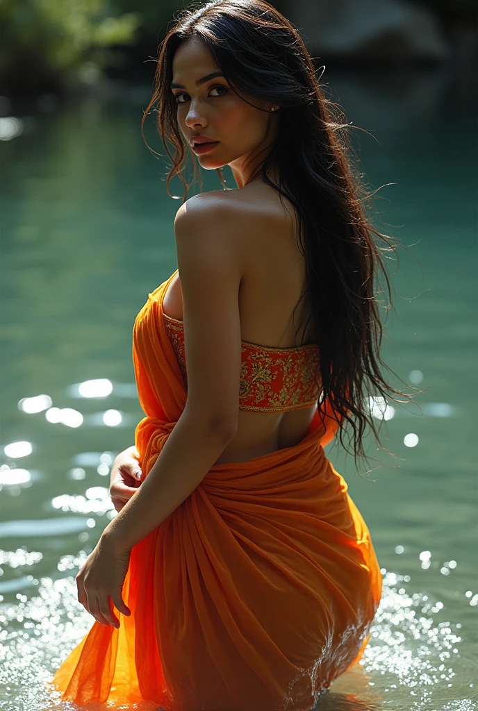 a beautiful woman emerges from a river after bathing, her long dark hair wet, wearing a vibrant saree that clings to her curvaceous figure, her large breasts prominently displayed, serene expression on her face, photorealistic, highly detailed, vivid colors, dramatic lighting, intricate saree folds, realistic water effects, cinematic composition, fantasy art style