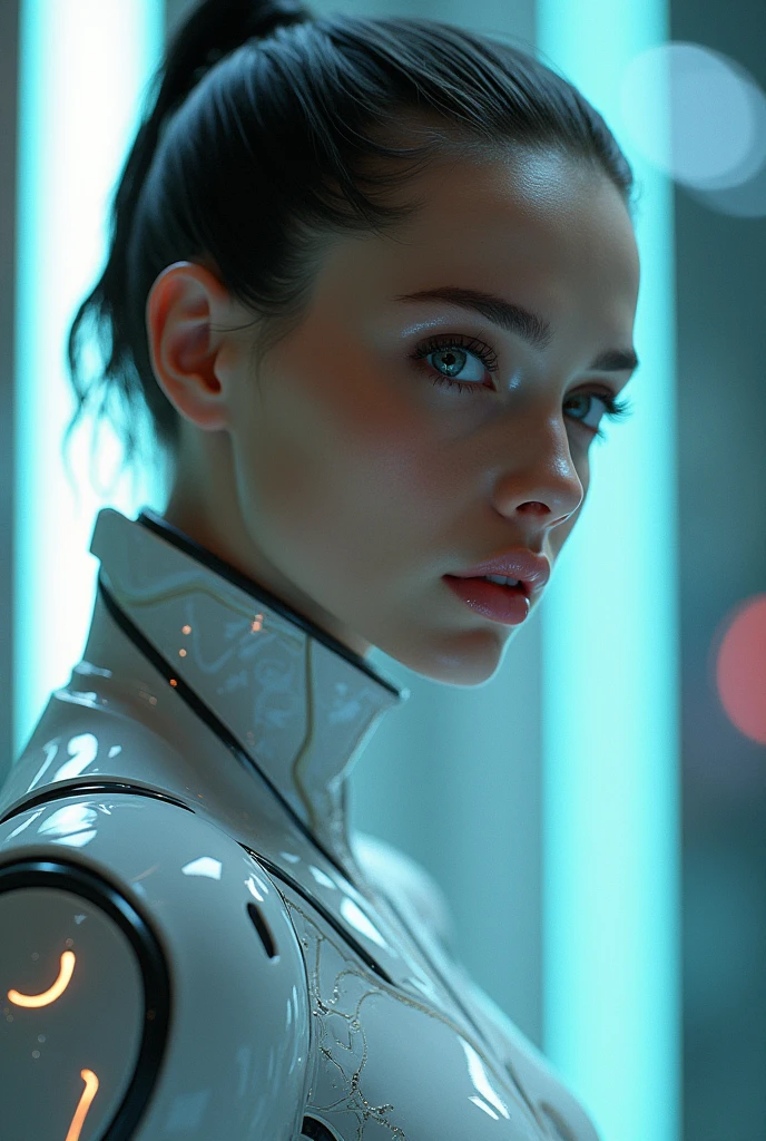 a close up of a woman in a futuristic suit posing, cyberpunk art inspired by Marek Okon, trending on Artstation, digital art, gynoid cyborg body, biomechanical oppai, oppai cyberpunk, girl in mecha cyber armor, beutiful white girl cyborg, in white futuristic armor, cybersuit, gynoid body, perfect anime cyborg woman