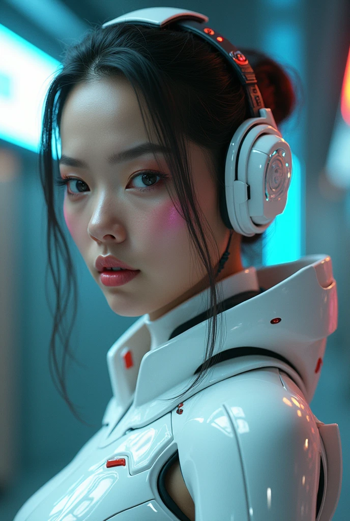 a close up of a woman in a futuristic suit posing, cyberpunk art inspired by Marek Okon, trending on Artstation, digital art, gynoid cyborg body, biomechanical oppai, oppai cyberpunk, girl in mecha cyber armor, beutiful white girl cyborg, in white futuristic armor, cybersuit, gynoid body, perfect anime cyborg woman