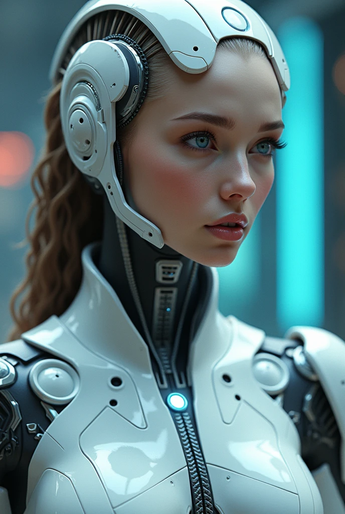 a close up of a woman in a futuristic suit posing, cyberpunk art inspired by Marek Okon, trending on Artstation, digital art, gynoid cyborg body, biomechanical oppai, oppai cyberpunk, girl in mecha cyber armor, beutiful white girl cyborg, in white futuristic armor, cybersuit, gynoid body, perfect anime cyborg woman