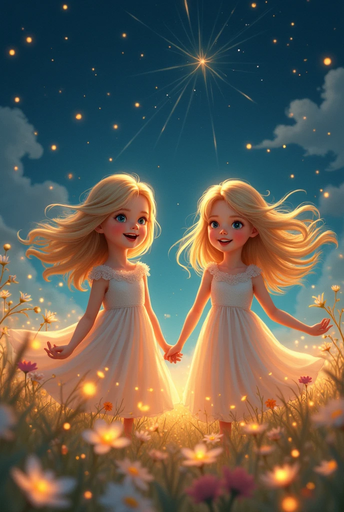 starry night sky, two blonde girls playing in flower field, detailed facial features, beautiful detailed eyes, beautiful detailed lips, extremely detailed face, long eyelashes, girl in flowing dress, wind blowing hair, dreamlike, magical, glowing fireflies, vibrant colors, soft lighting, enchanting atmosphere, (best quality,4k,8k,highres,masterpiece:1.2),ultra-detailed,(realistic,photorealistic,photo-realistic:1.37),vibrant colors,natural lighting
