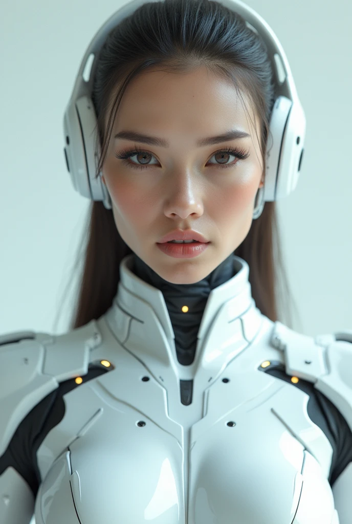 a close up of a woman in a futuristic suit posing for a picture, gynoid cyborg body, in white futuristic armor, girl in mecha cyber armor, cybersuit, cyber suit, echo from overwatch, oppai cyberpunk, diverse cybersuits, cute cyborg girl, perfect android girl, cybersuits, beautiful alluring female cyborg, beutiful white girl cyborg