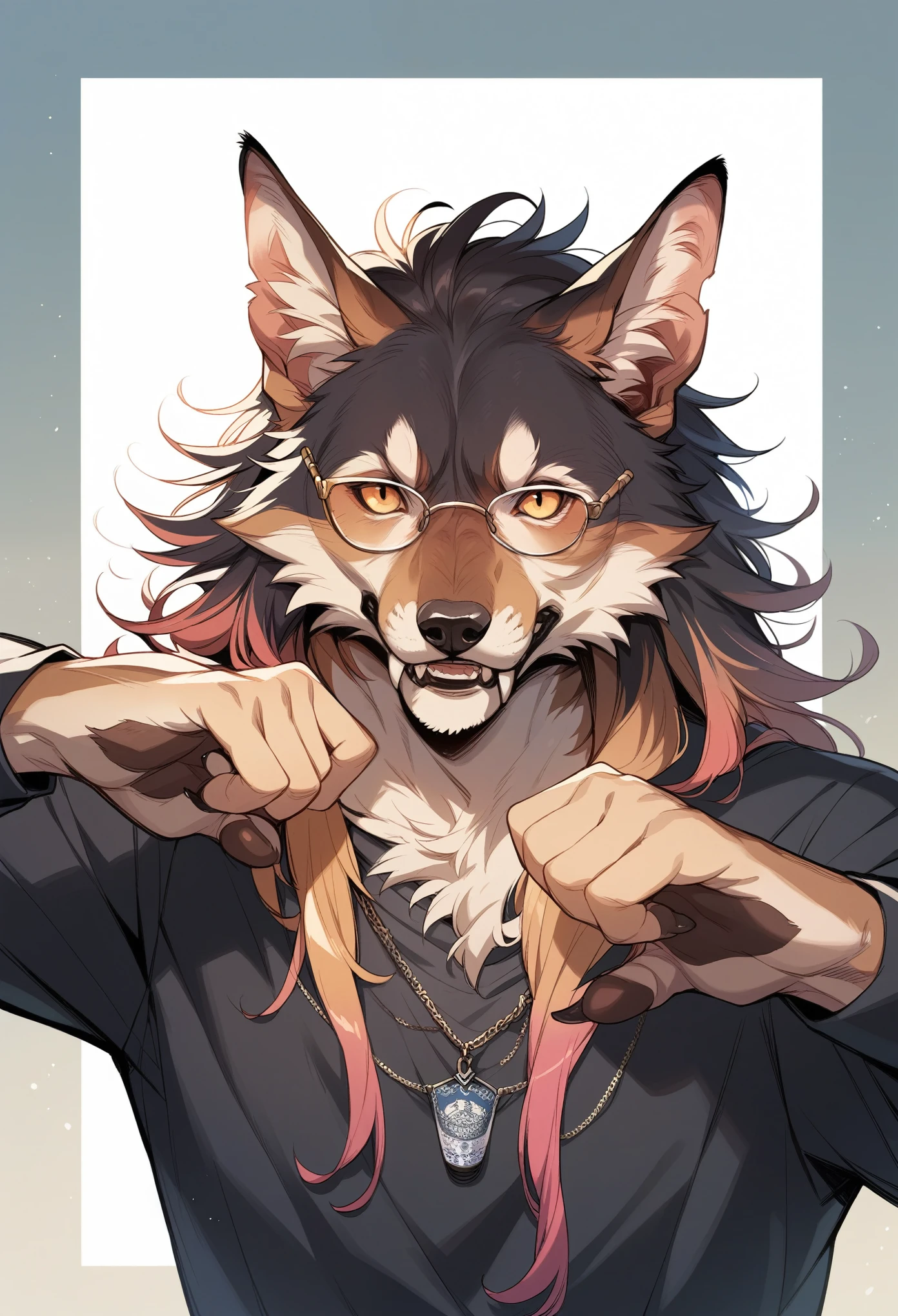 rating_safe, score_9, score_8_up, score_7_up, score_6_up, score_5_up, score_4_up, hires, source_furry, Werewolves with colorful hair and glasses, detailed anime art, assorted facial expression, fully posable, neutral pose, extra detailed body, 5fingers, thinking pose, cool pose,