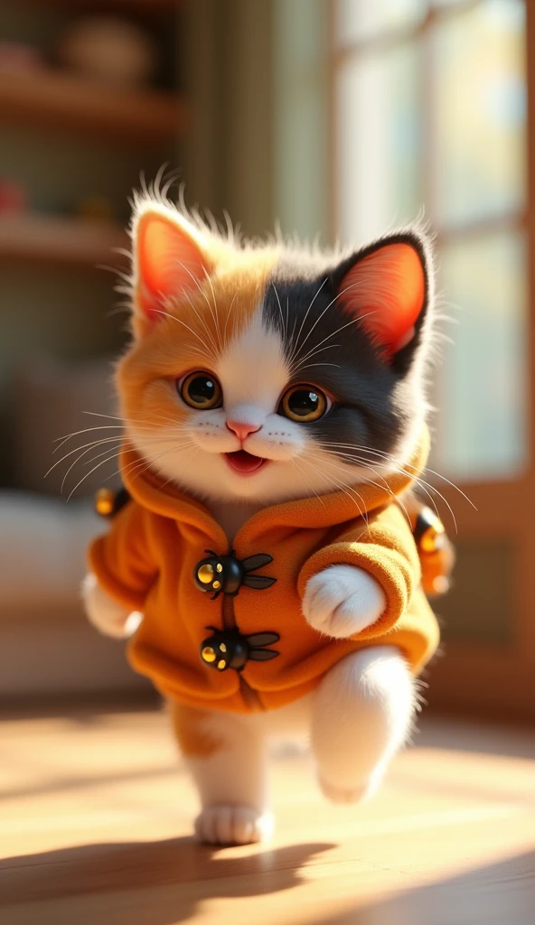 3D cute calico kitten character、Wearing a happy cicada costume、running、Inside the house､masterpiece, Background Blur, Shut your mouth., Belt decorated with cicadas、Highest quality, 