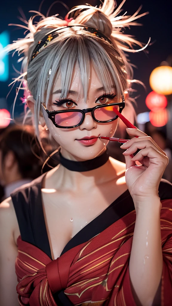 (yukata), (Highest quality), (Ultra-high resolution), (Realistic), Japanese, 1girl, (cute), (night sky), big fireworks, white hair, lipstick, eyeshadow, eyeliner, choker, ((red rim glasses), (Sweaty)