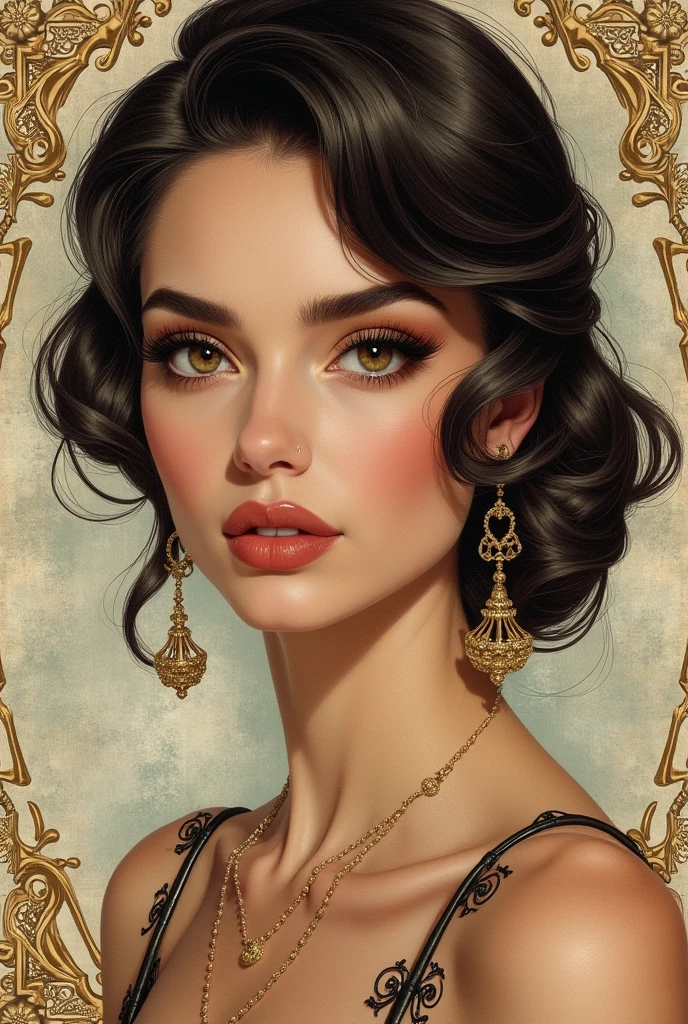 Illustration of a beautiful woman with thick, intense eyelashes and eyebrows, a striking and dramatic look with a decorated background