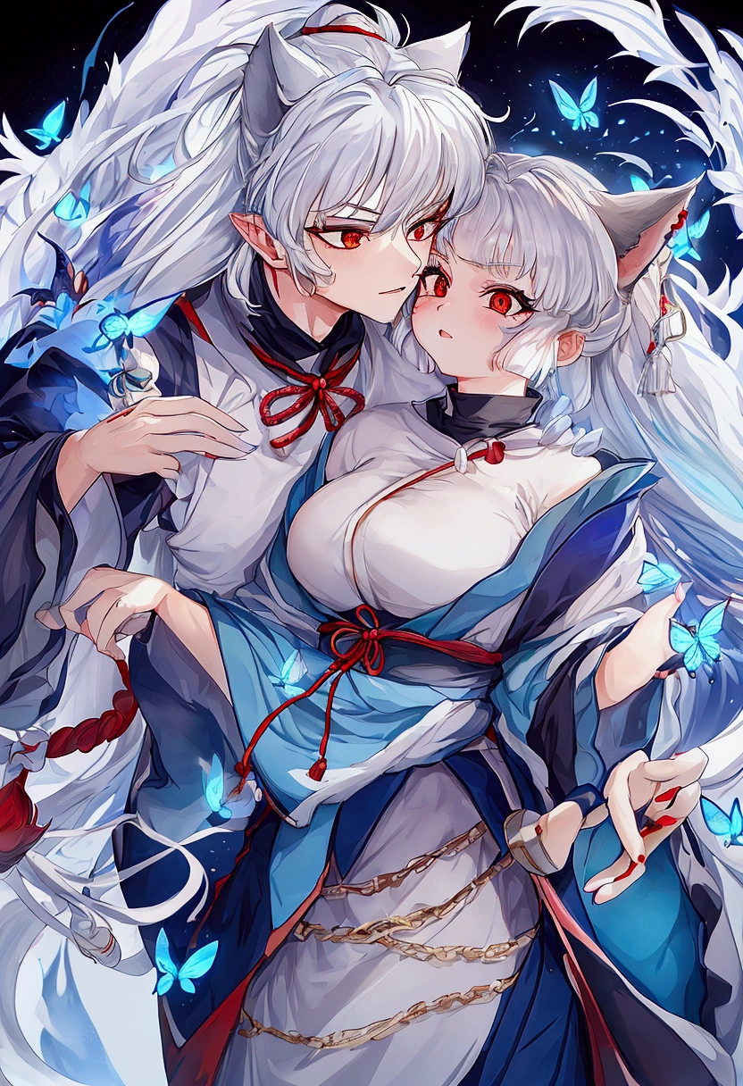 She is a full-bodied woman with the appearance of Inuyasha. He has short white hair and ears and wears clothes like Inuyasha. He has claws and a large chain that goes from shoulder to shoulder. He has a challenging look and an attitude like Inuyasha., being sometimes arrogant but with a good heart the background is dark blue and light blue with butterflies 

