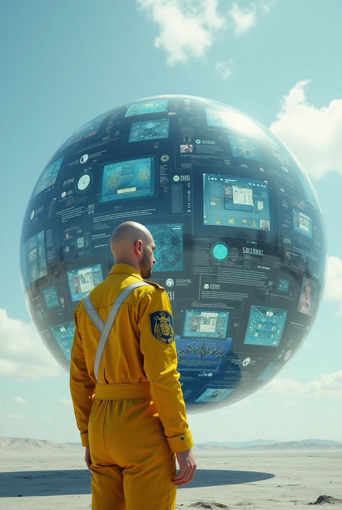 floating transparent sphere full of technological screens each with different images and social networks , and a bald man dressed in modern military yellow jumpsuit with coat of arms on the shoulder sleeve, from the side and outside of this sphere looking at it in an open setting