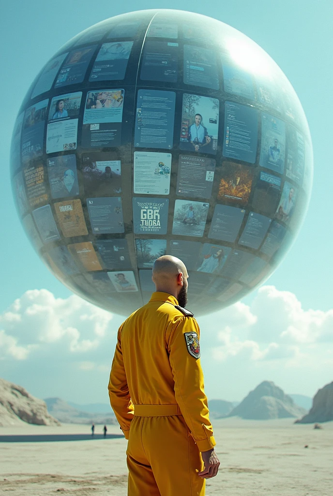 floating transparent sphere full of technological screens each with different images and social networks , and a bald man dressed in modern military yellow jumpsuit with coat of arms on the shoulder sleeve, from the side and outside of this sphere looking at it in an open setting