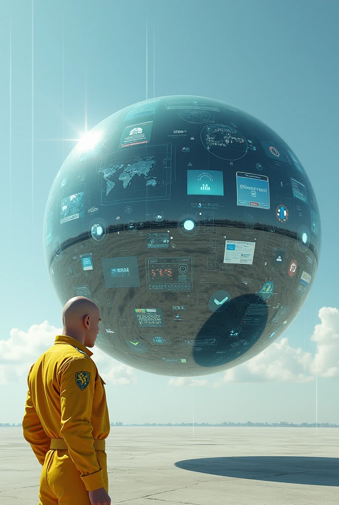 floating transparent sphere full of technological screens each with different images and social networks , and a bald man dressed in modern military yellow jumpsuit with coat of arms on the shoulder sleeve, from the side and outside of this sphere looking at it in an open setting