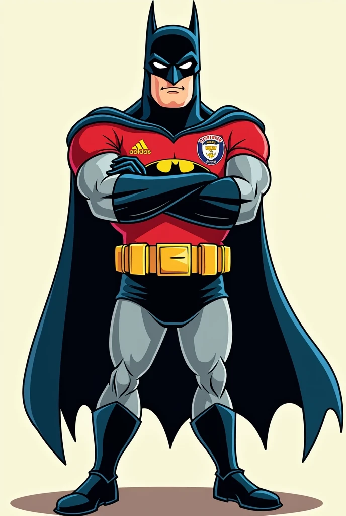 Comic style cartoon drawing of Batman wearing a soccer shirt with a front pose and arms crossed, half body only , but with a team crest and Adidas instead of Nike, but the silhouette as for coloring