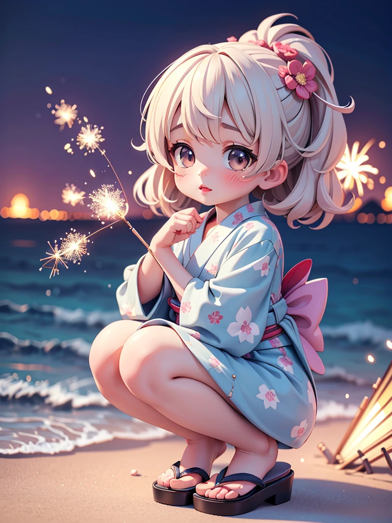 ((petite cute girls)), ((cute face)), ((puffy eyes)), ((masterpiece)), ((best quality)), ((ultra detailed)), ((exquisite)), ((depth)), ((crisp)), ((8k)), ((beautiful and aesthetic)), ((super detailed skin)), ((high standard)), ((highres)), (perfect anatomy), (blush), (lipstick), (full body), (nostalgic scenery), (sandy beach, night), (emotional), (yukata), (japanese sparklers), (squat)