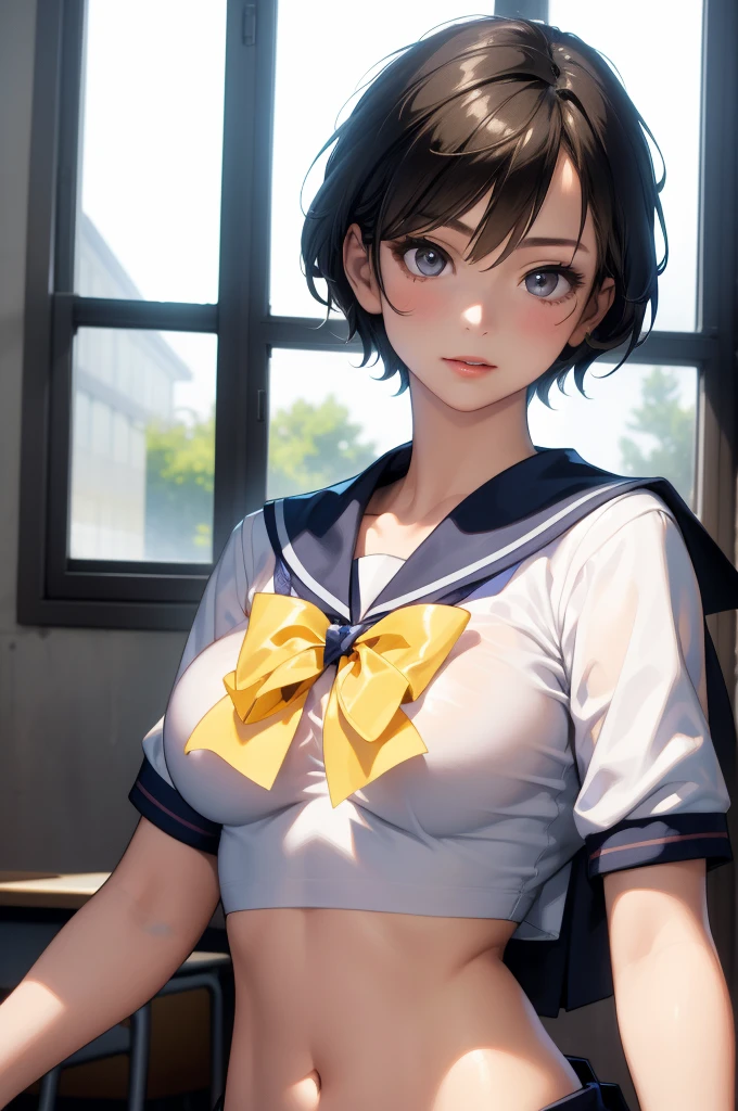 Upper body portrait、Bust、(masterpiece:1.3、Highest quality)、Ultra-high resolution、Super detailed、(Real、Photorealistic:1.4)、Beautiful illustrations、Perfect lighting、Highly detailed face、Detailed and beautiful eyes、独奏、high school girl、Beautiful breasts、(high school girl、A sailor uniform with a short length、Short summer clothes、Yellow ribbon on chest)、(Black Hair、Short Hair)、Dark Eyes、classroom