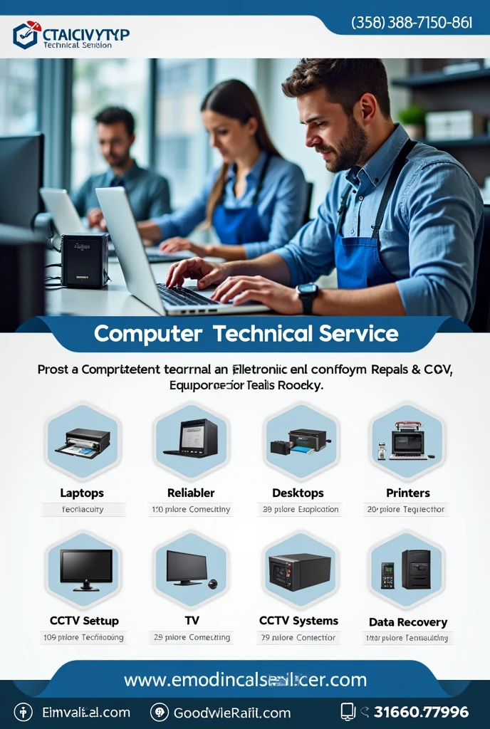 Create a technical service advertisement image that includes 1 maintenance and repair of:
• Laptops • Desktop PC • Printers • TV and sound 2 installation of programs 3 CCTV installation and configuration 4 recovery and backup of information Include cell phone contact number:3160507996