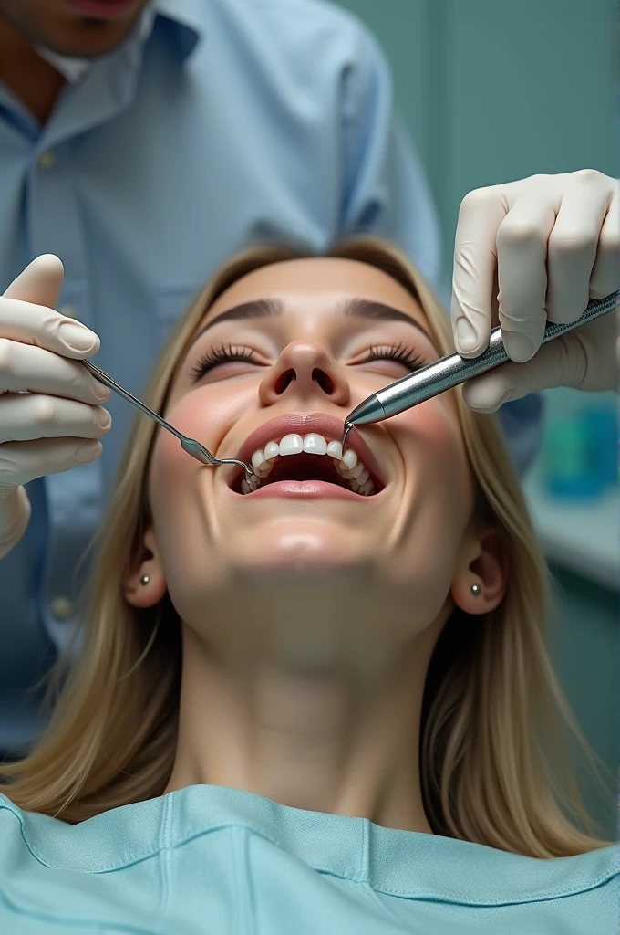 Blonde woman in her mid-20s on the dentist&#39;s chair, with wide open mouth gets caries removed and silver tooth fillings 
