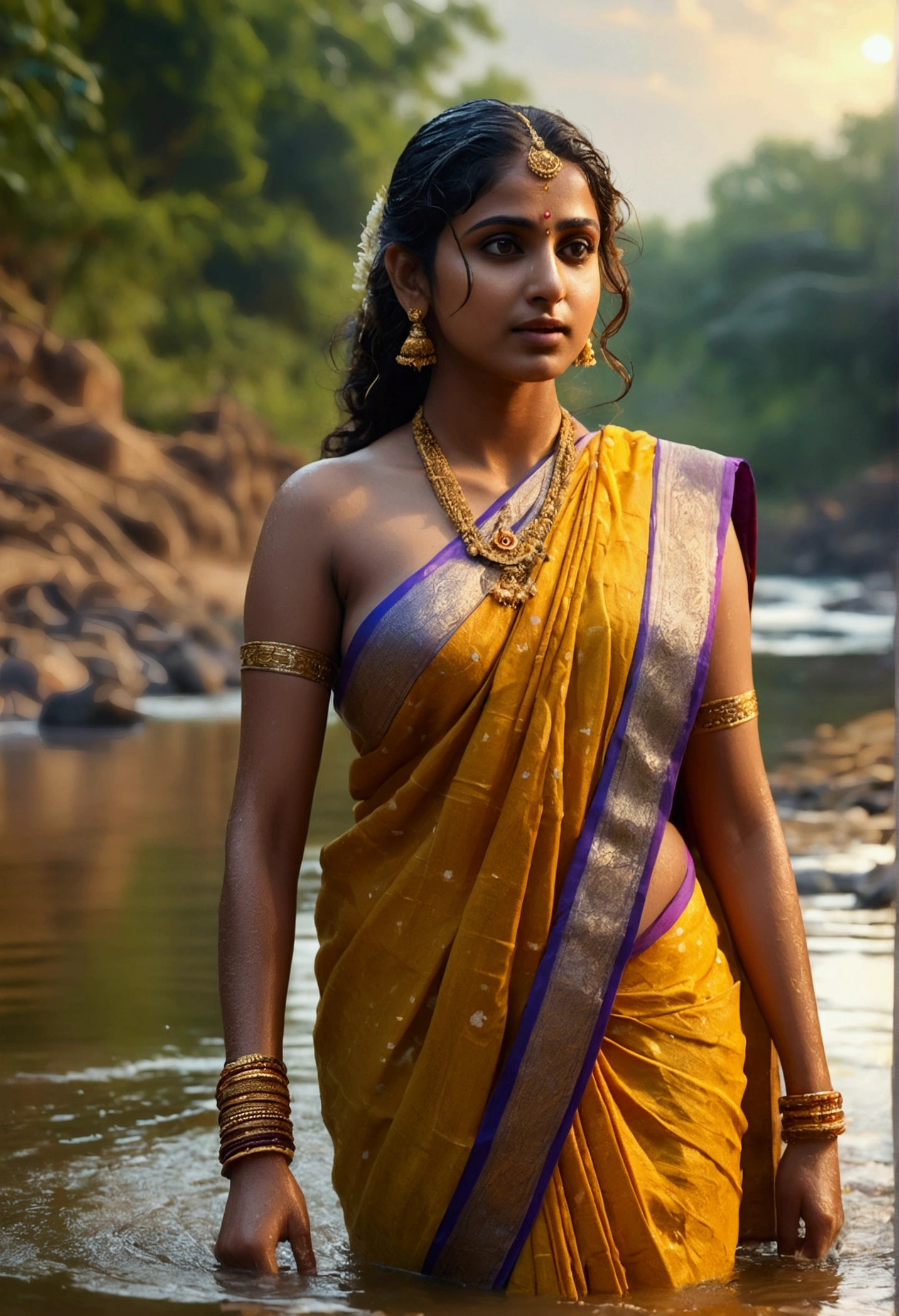 a beautiful detailed girl with big breasts coming out of a river after bathing, wearing a saree, detailed face and eyes, extremely detailed, photorealistic, 8k, hyper detailed, dramatic lighting, golden skin, wet hair, intricate details, colorful saree, serene river background, dappled sunlight, reflections in the water, dramatic atmosphere