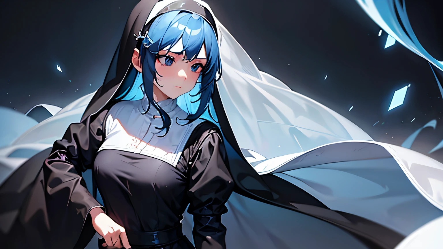 masterpiece, High definition, Lady, solo, nun outfit, loose outfit, prim, long veil, perfect face, elegant, (topaz blue hair: 1.2), proper pose, effect background, art by guweiz