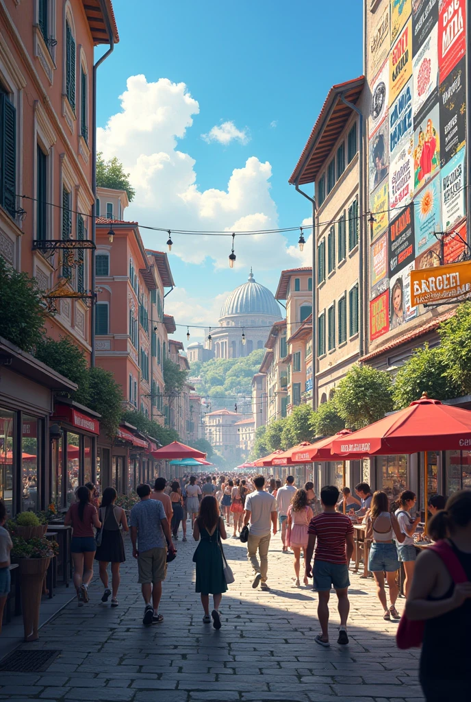 Create an image of a public square with posters pasted on the wall