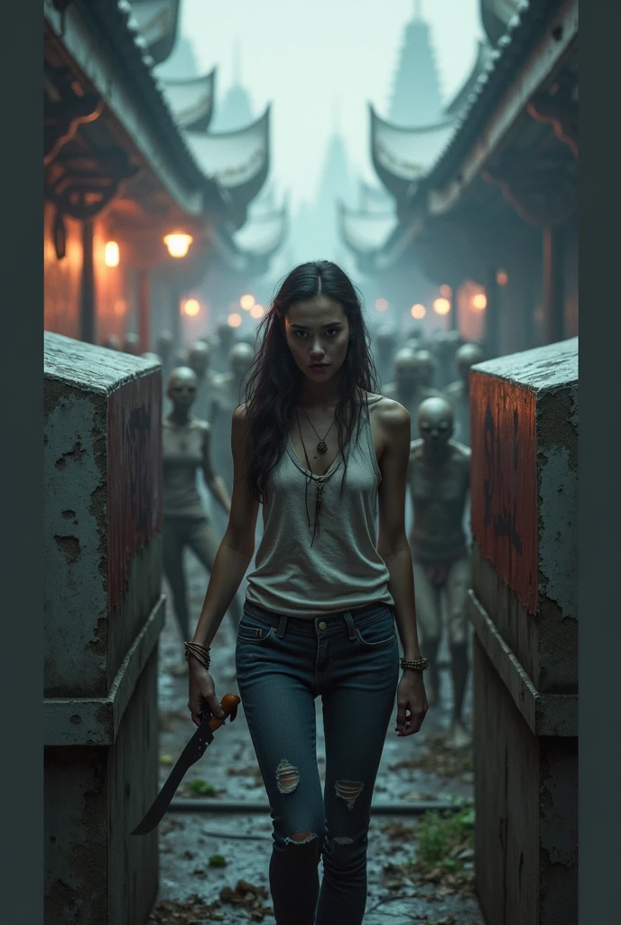 Change background to be a Thai temple with torned Thai flag and the woman is holding knife. Have zombies around.