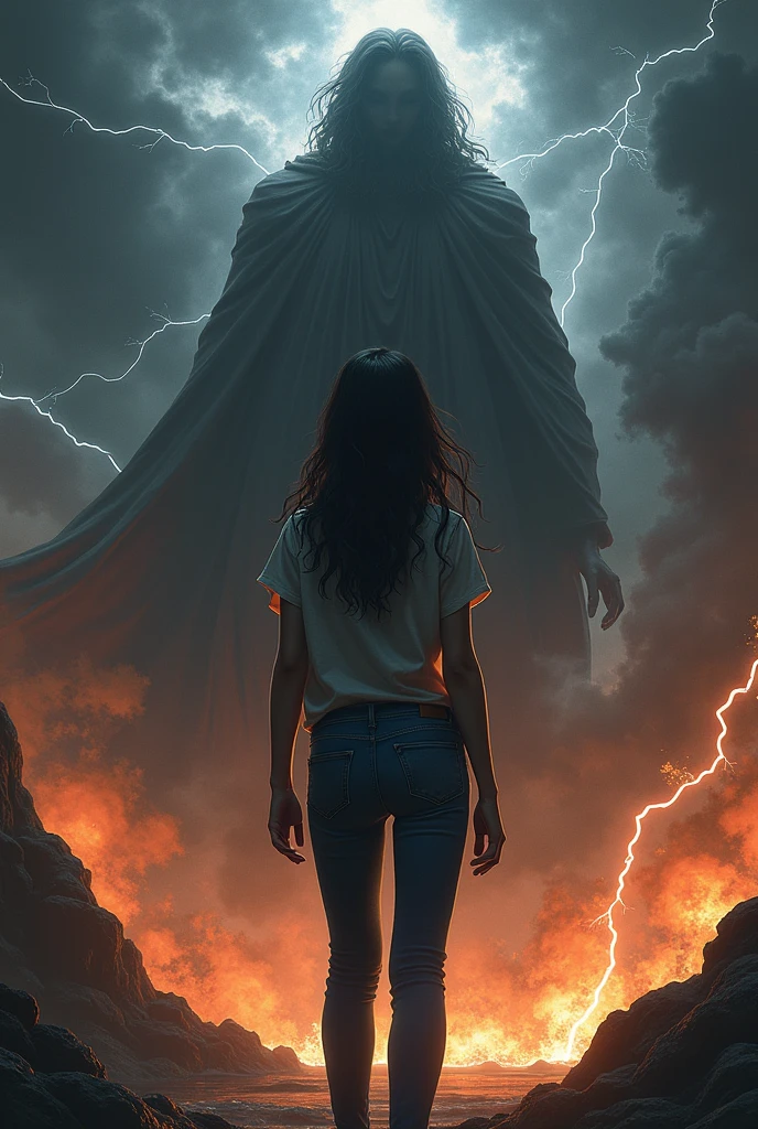 I want a mysterious picture. My book is on an ancient greek civilisation. Dark theme. Zeus should be standing behind the girl. She has dark hair and a tomboy. I want a dark zeus standing behind her. Also only her back is visible. She ll be surrounded by thunder and lightning and also fire. No frocks or dresses. A jeans and shirt. Also dark zeus. Only surrounded by fire and lightning. And no anime. Realistic picture. A dark one. Zeus should not be visible a lot. Like people shouldnt know its zeus. So just a darkenned zeus. I dont want people to know its him. Um why dont we put a cloak on top of him. Make him more darker. A dark version. I dont want him to be white at all.